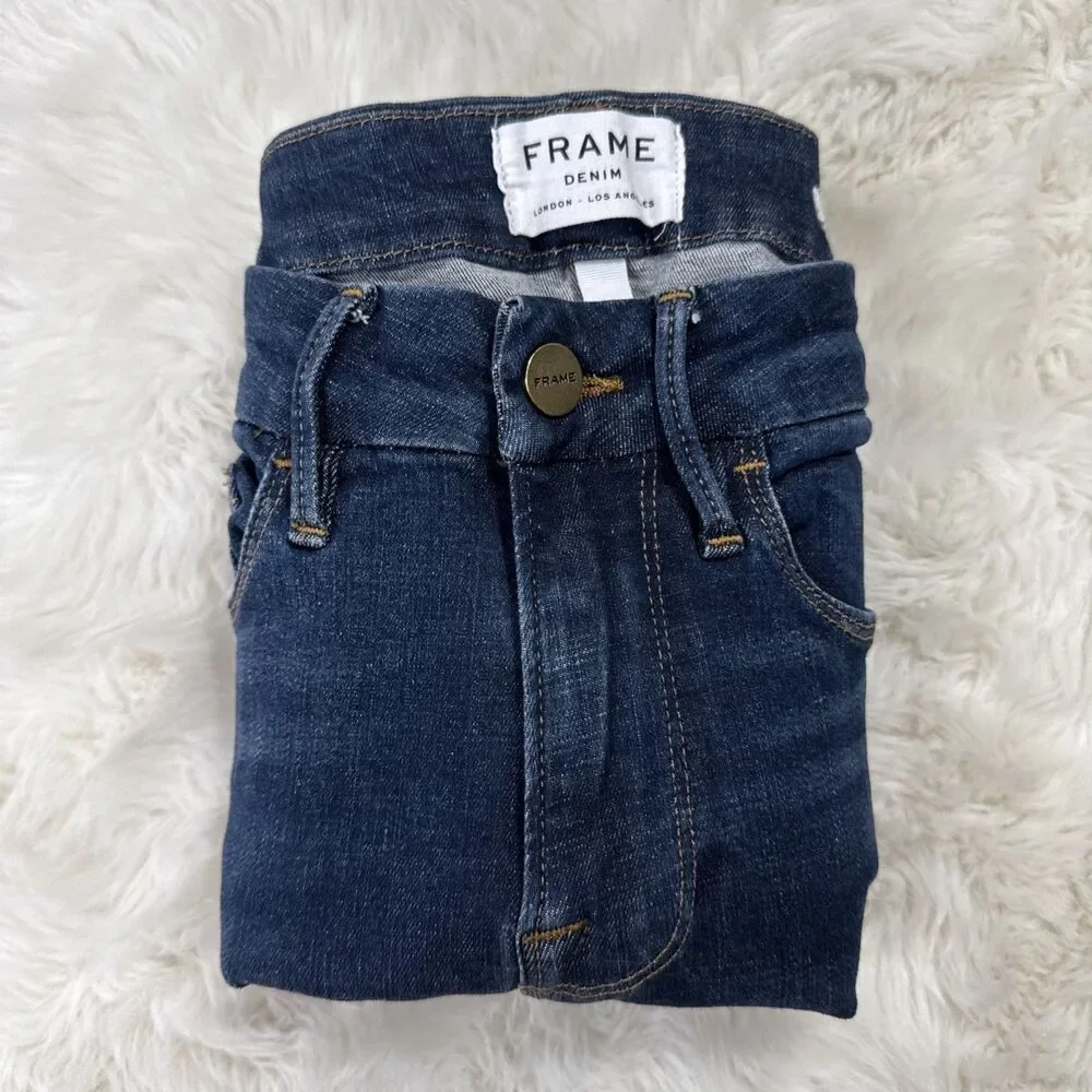 Frame Le Crop Mini Boot Sidewinder Jeans 24 (23x26.5) Dark Blue Stretch Womens - Picture 9 of 11